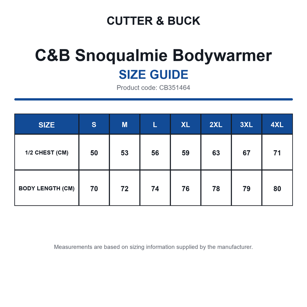 CB351464 C&B Snoqualmie Bodywarmer size guide (CB351464)
