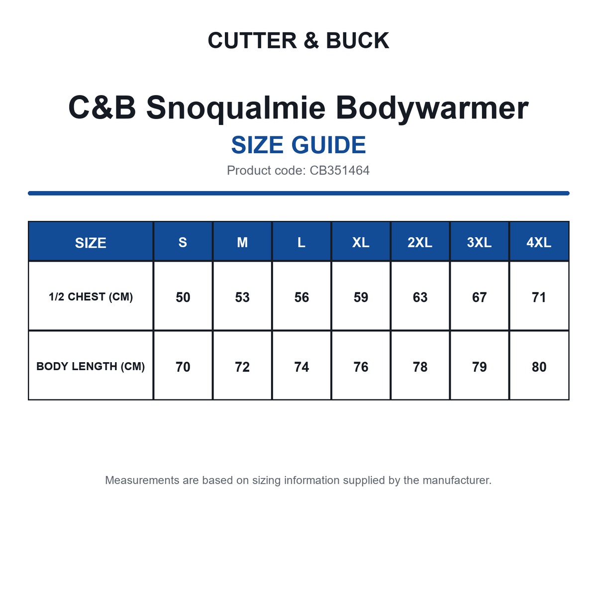 CB351464 C&B Snoqualmie Bodywarmer size guide (CB351464)