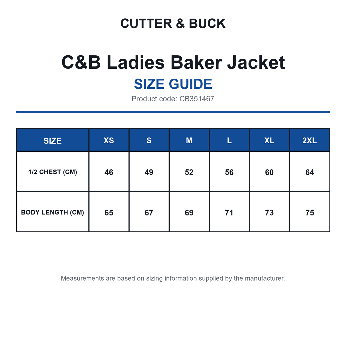 CB351467 C&B Ladies Baker Jacket size guide (CB351467)