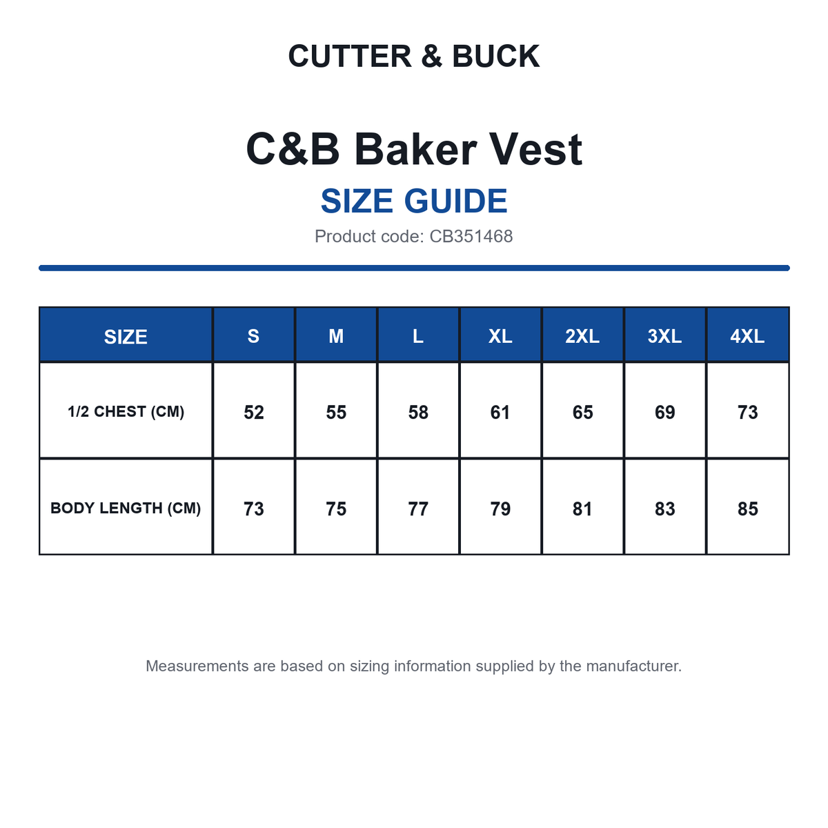 CB351468 C&B Baker Vest size guide (CB351468)