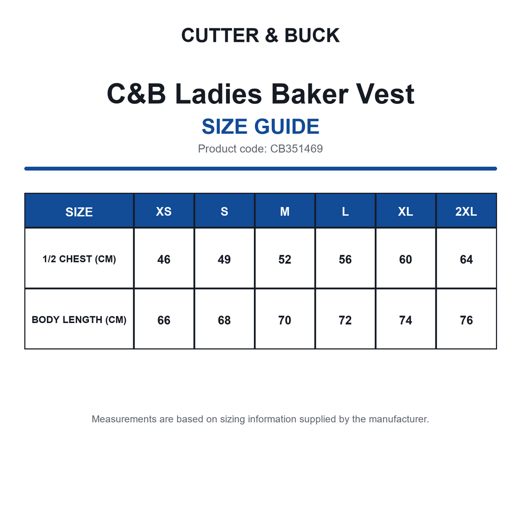 CB351469 C&B Ladies Baker Vest size guide (CB351469)