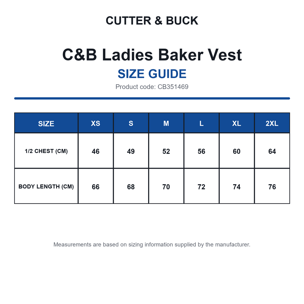 CB351469 C&B Ladies Baker Vest size guide (CB351469)