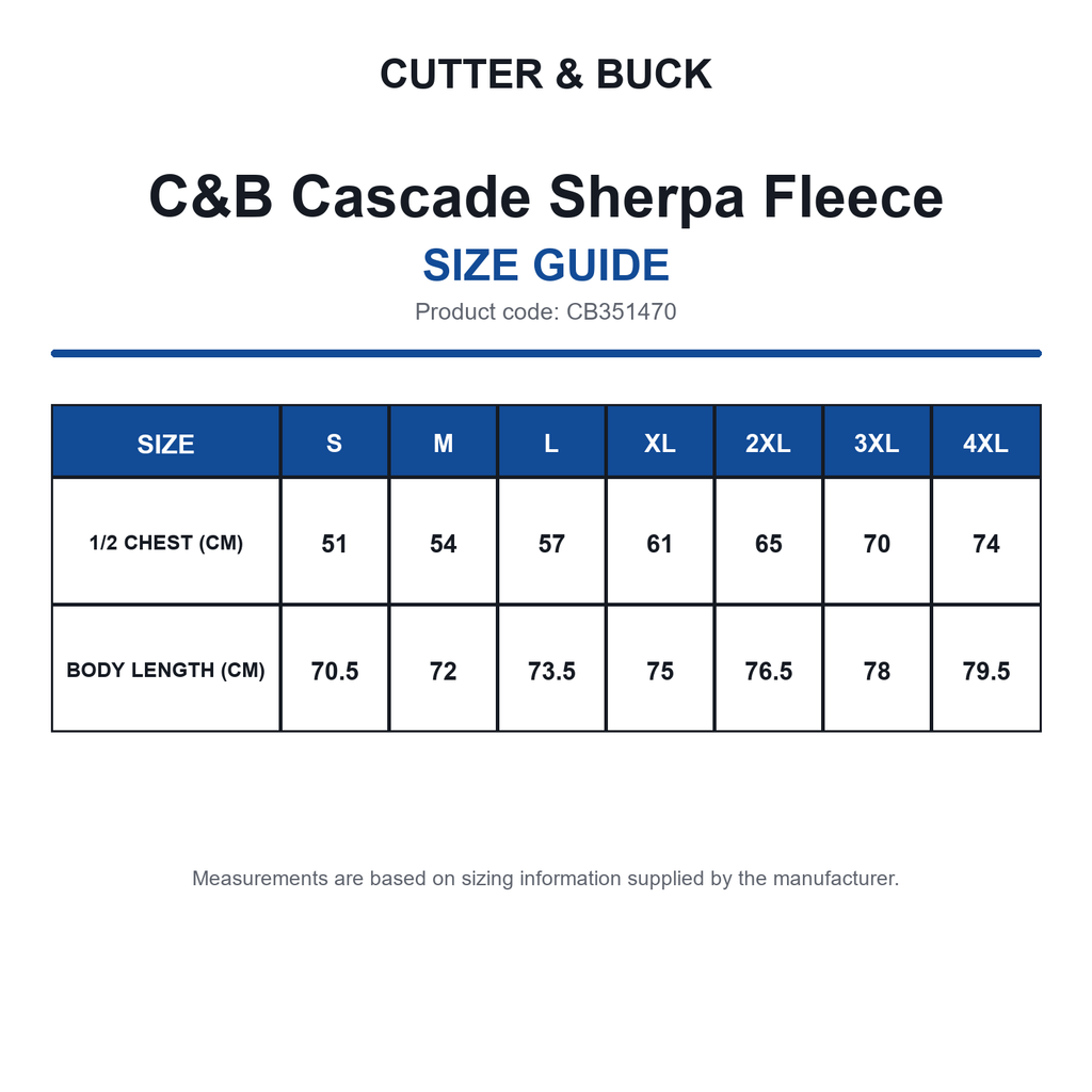 CB351470 C&B Cascade Sherpa Fleece size guide (CB351470)