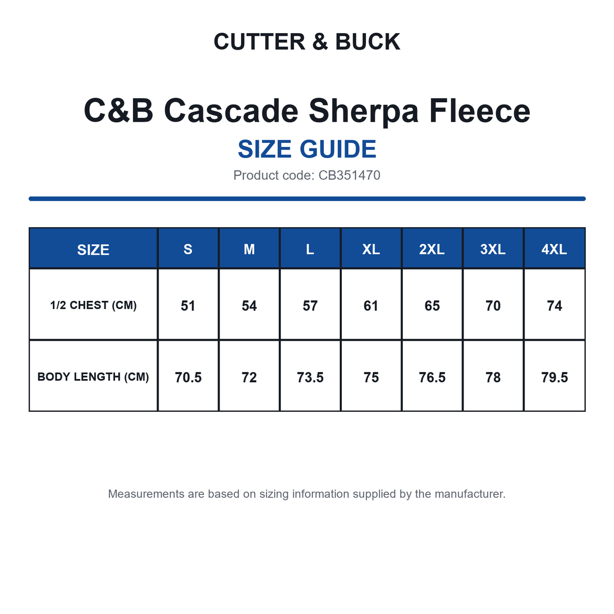 CB351470 C&B Cascade Sherpa Fleece size guide (CB351470)