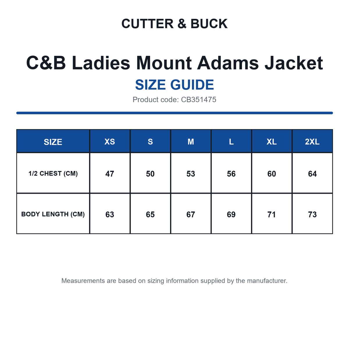 CB351475 C&B Ladies Mount Adams Jacket size guide (CB351475)