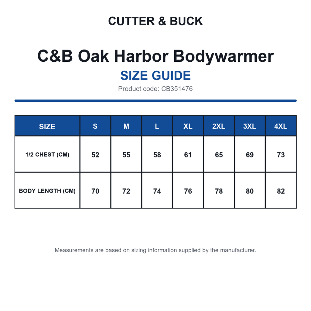 CB351476 C&B Oak Harbor Bodywarmer size guide (CB351476)