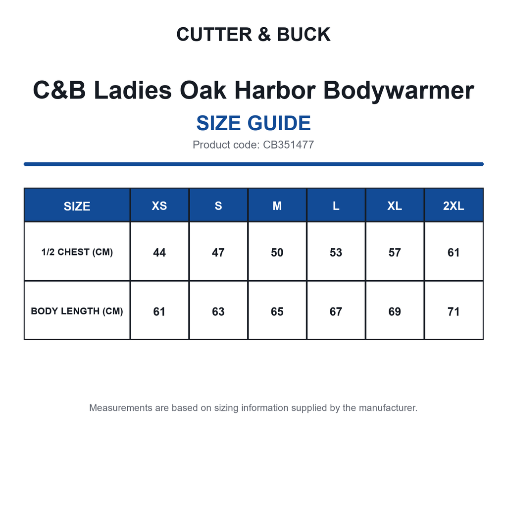 CB351477 C&B Ladies Oak Harbor Bodywarmer size guide (CB351477)