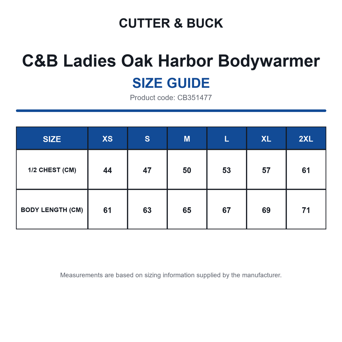 CB351477 C&B Ladies Oak Harbor Bodywarmer size guide (CB351477)
