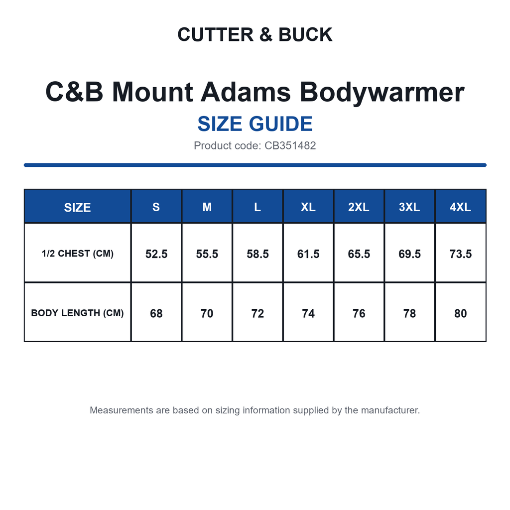 CB351482 C&B Mount Adams Bodywarmer size guide (CB351482)