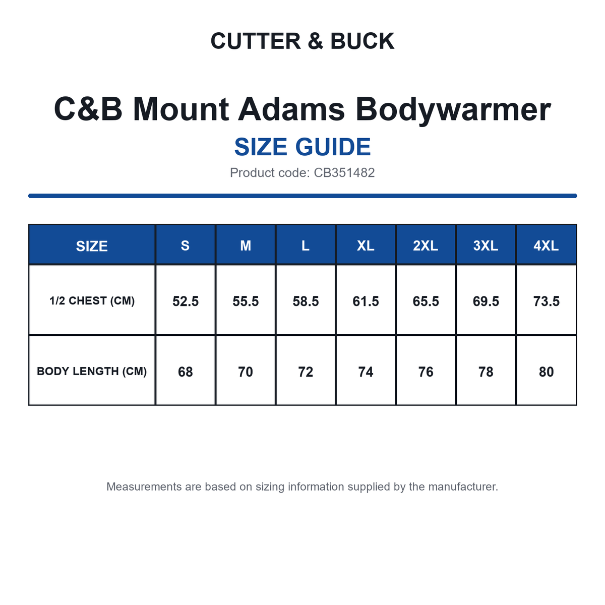 CB351482 C&B Mount Adams Bodywarmer size guide (CB351482)