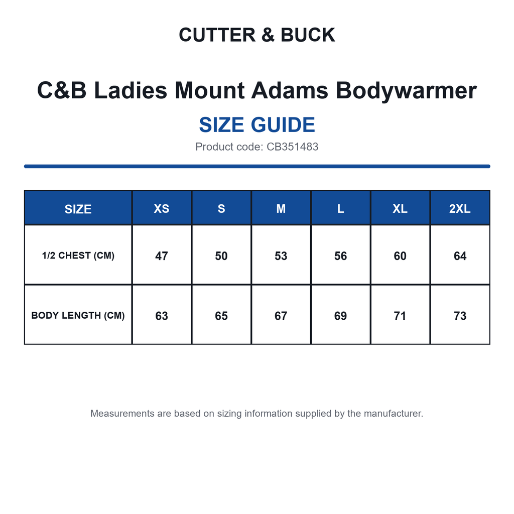 CB351483 C&B Ladies Mount Adams Bodywarmer size guide (CB351483)