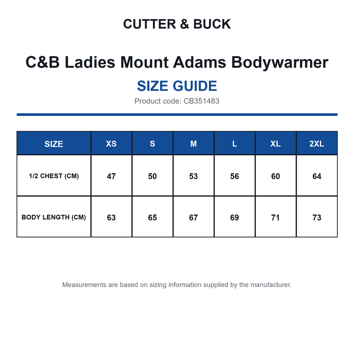 CB351483 C&B Ladies Mount Adams Bodywarmer size guide (CB351483)