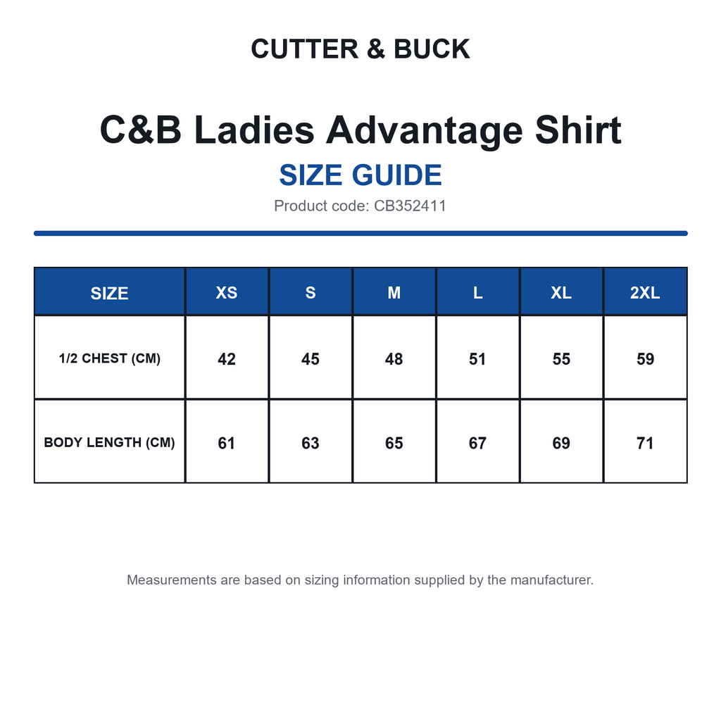 CB352411 C&B Ladies Advantage Shirt size guide (CB352411)