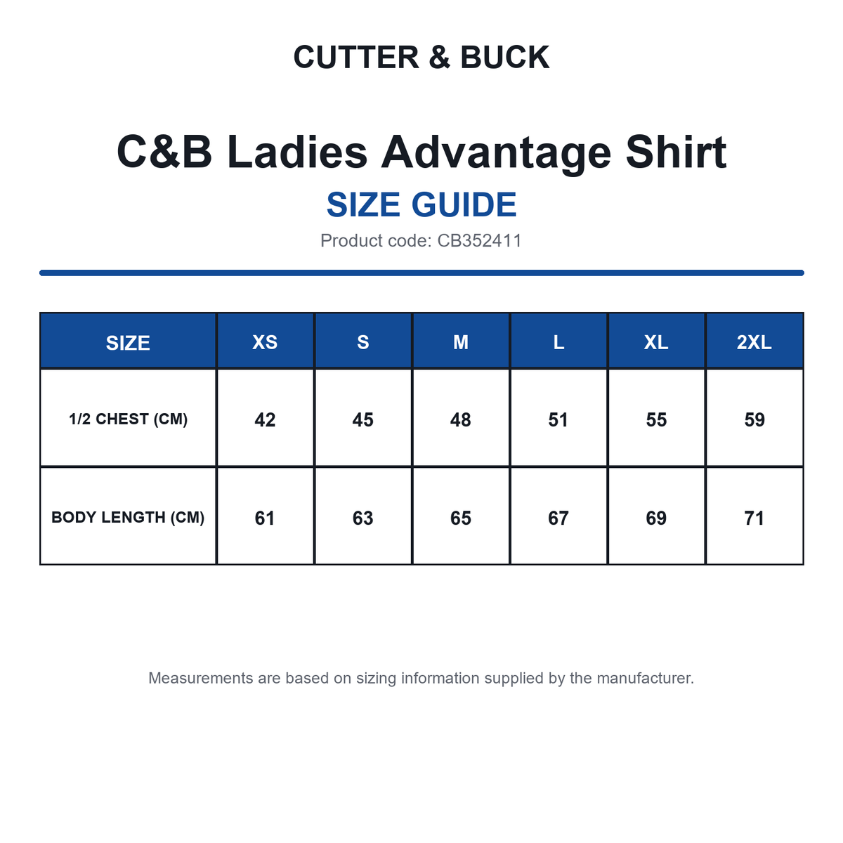 CB352411 C&B Ladies Advantage Shirt size guide (CB352411)