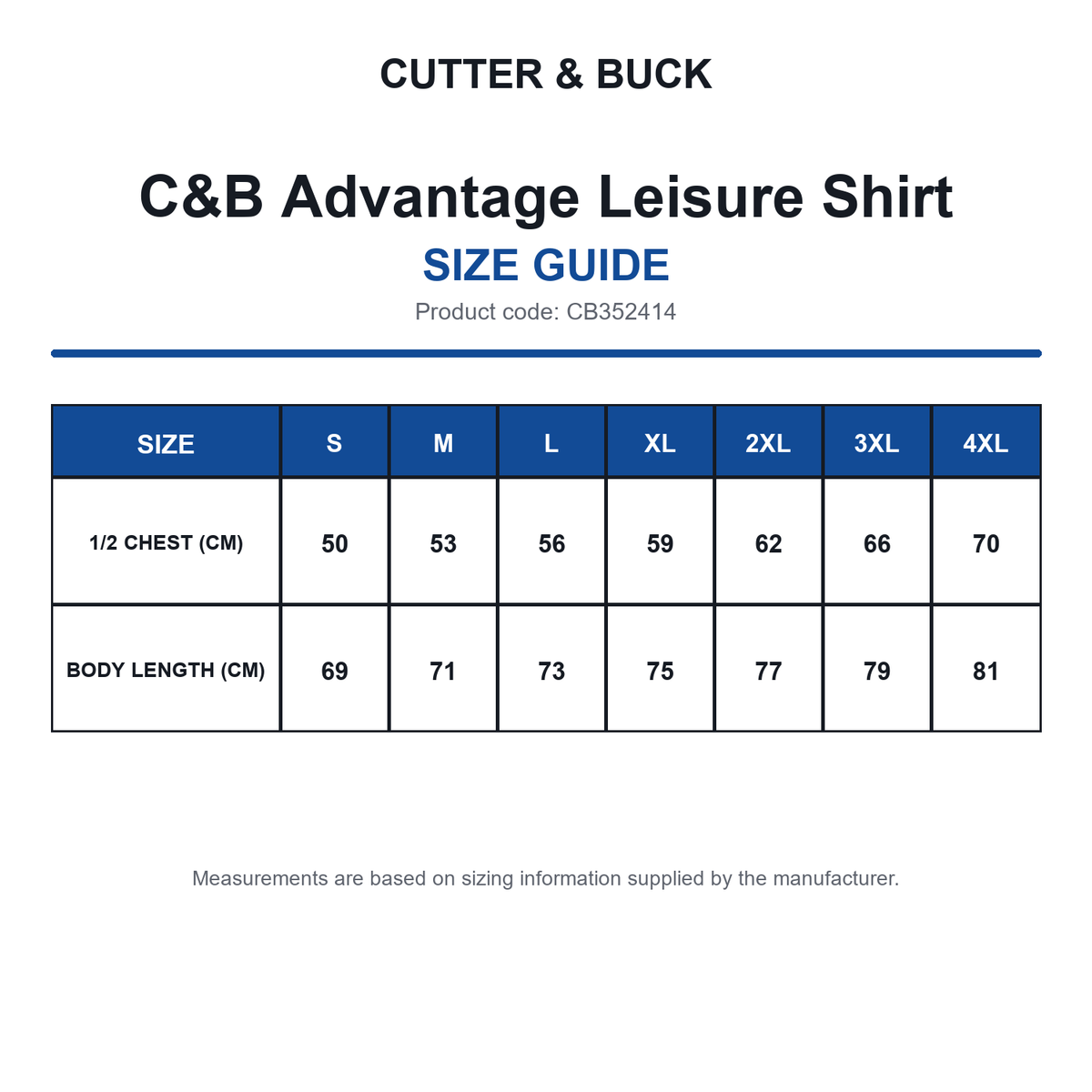 CB352414 C&B Advantage Leisure Shirt size guide (CB352414)