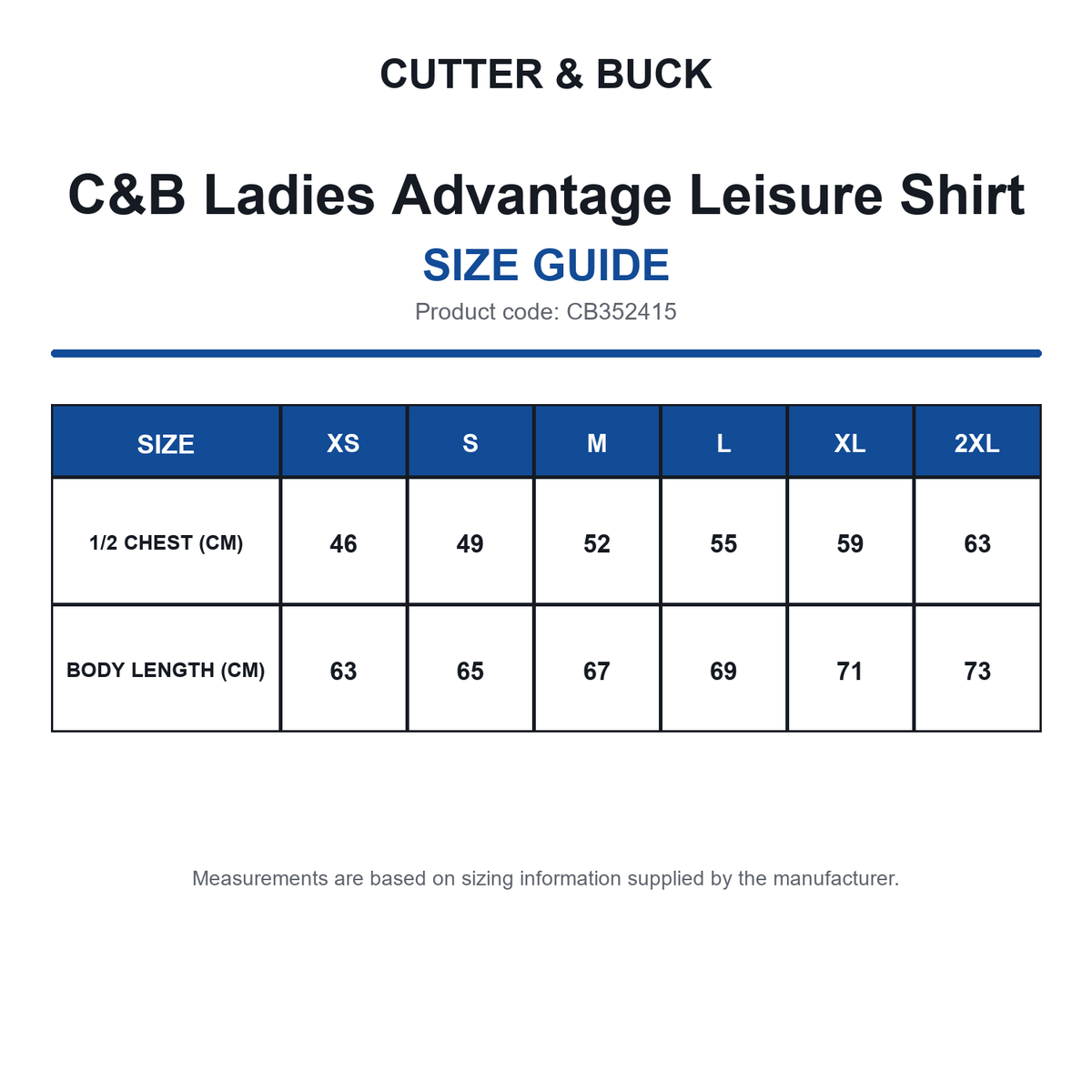CB352415 C&B Ladies Advantage Leisure Shirt size guide (CB352415)