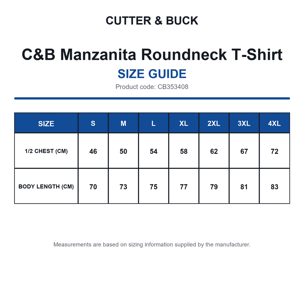 CB353408 C&B Manzanita Roundneck T-Shirt size guide (CB353408)