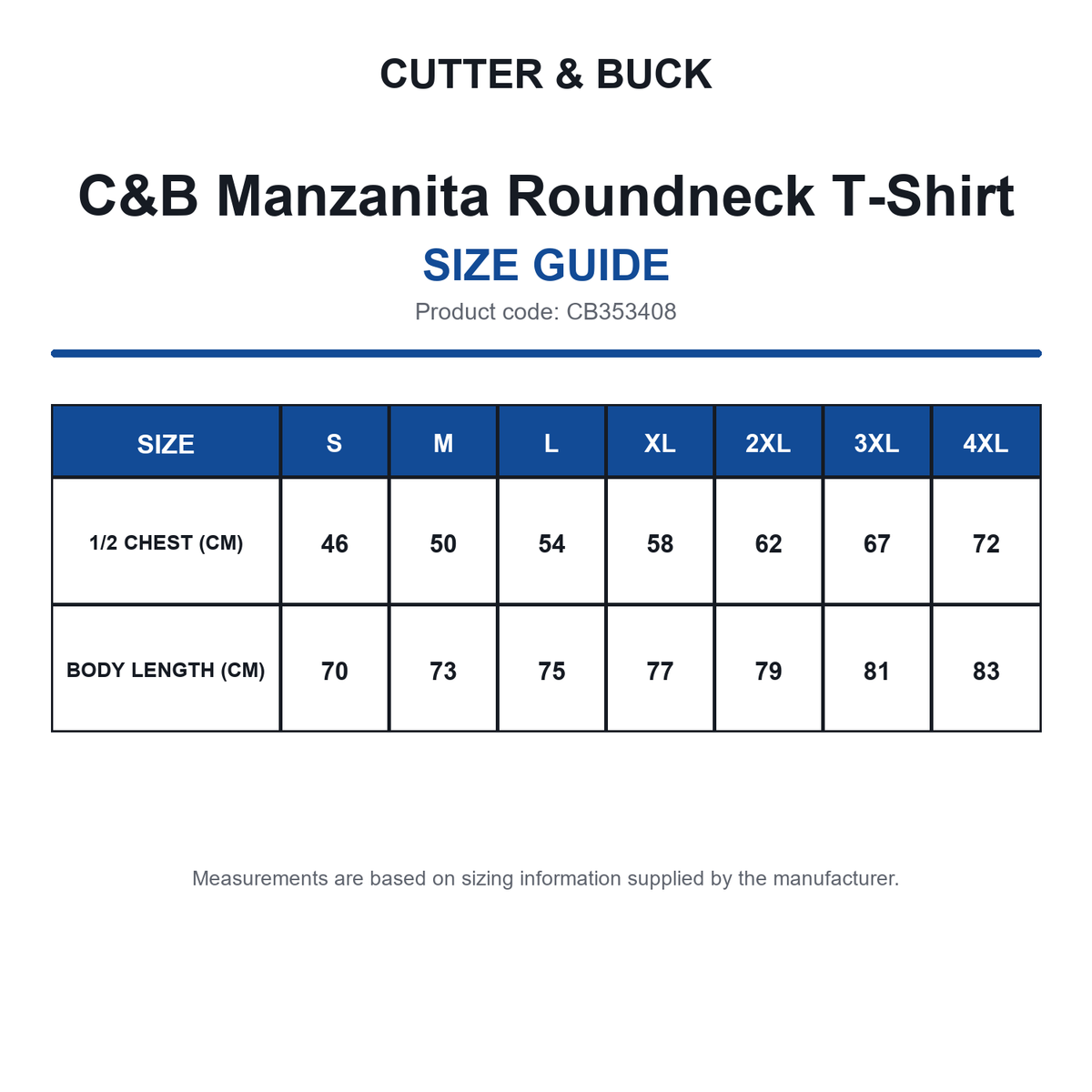 CB353408 C&B Manzanita Roundneck T-Shirt size guide (CB353408)
