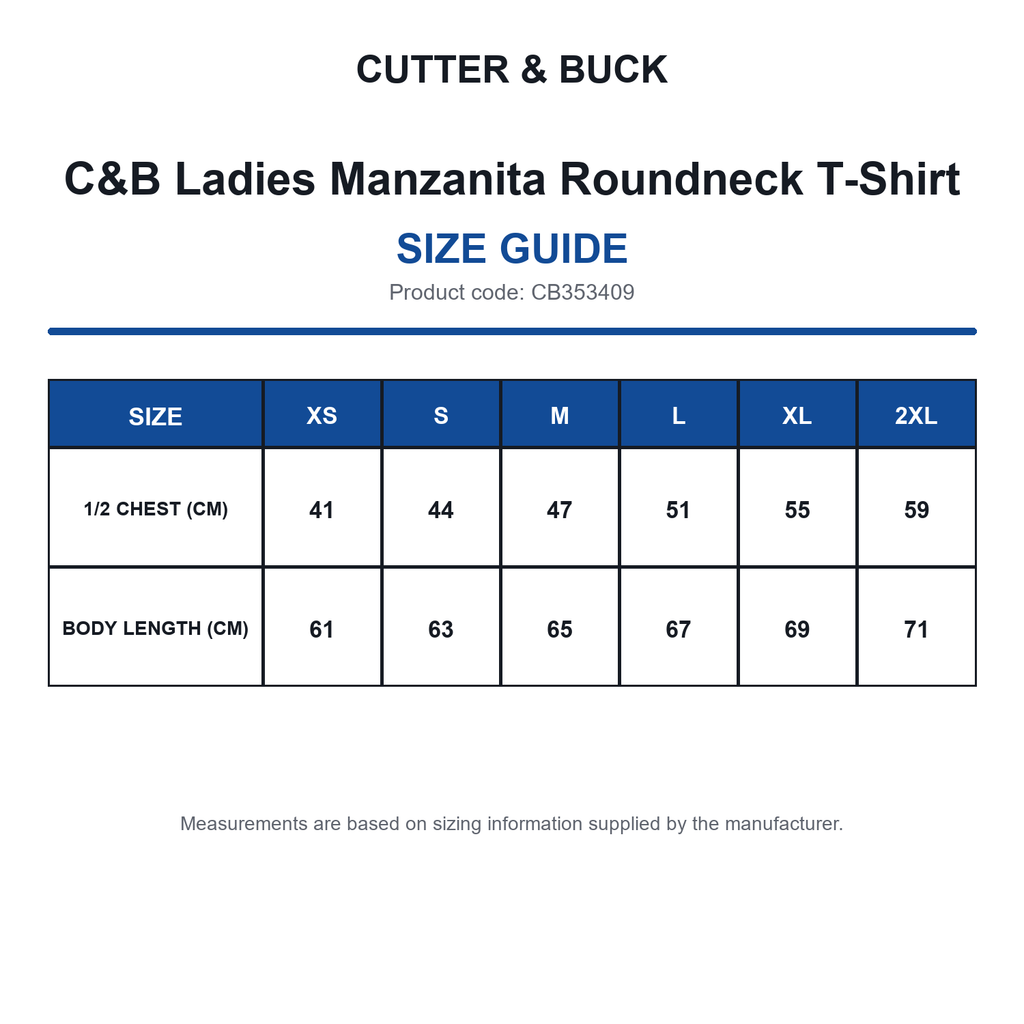 CB353409 C&B Ladies Manzanita Roundneck T-Shirt size guide (CB353409)