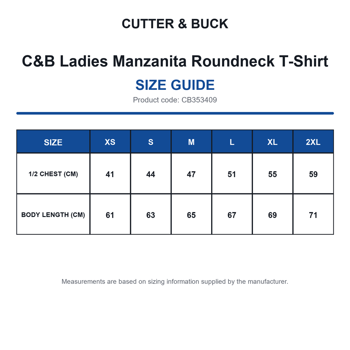 CB353409 C&B Ladies Manzanita Roundneck T-Shirt size guide (CB353409)