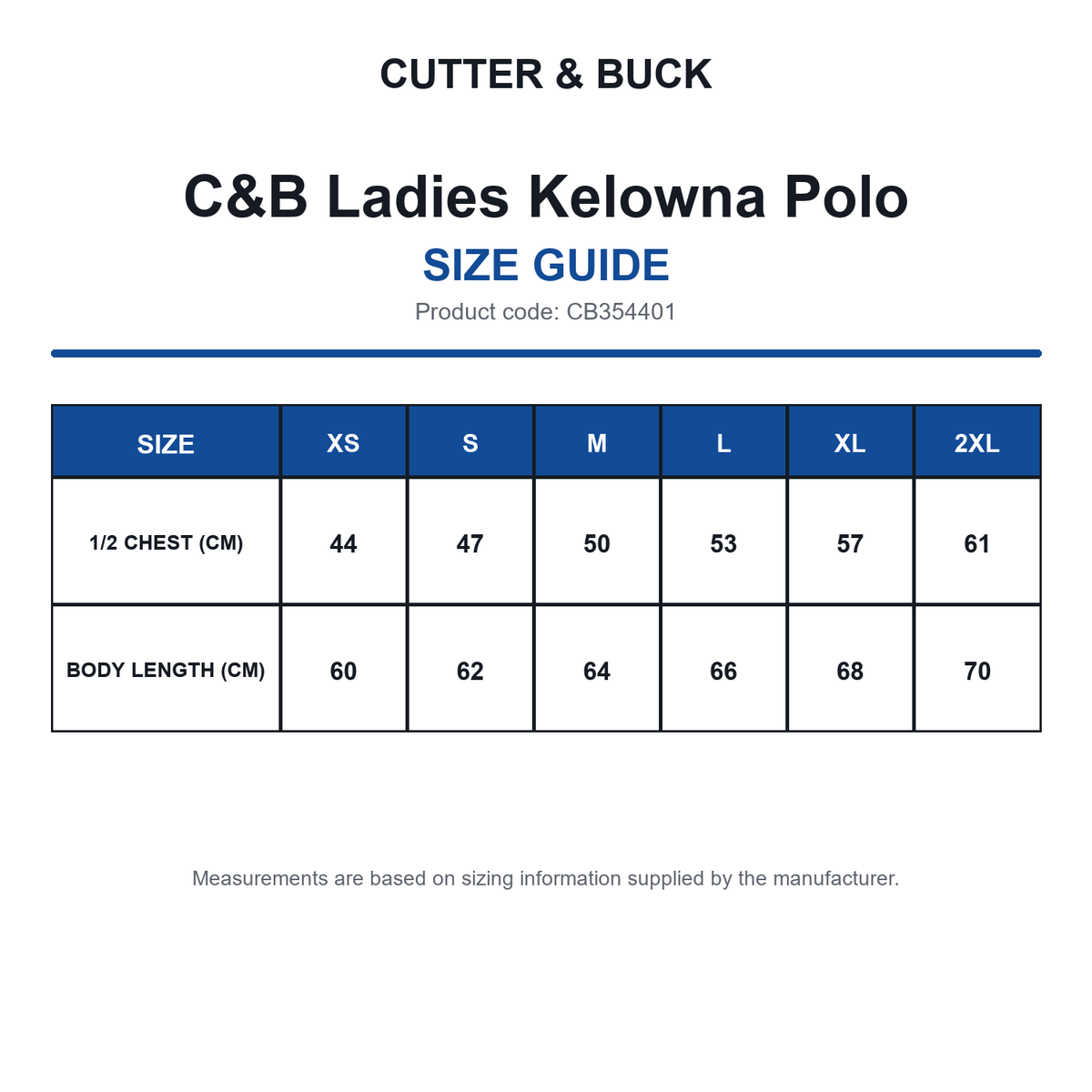 CB354401 C&B Ladies Kelowna Polo size guide (CB354401)