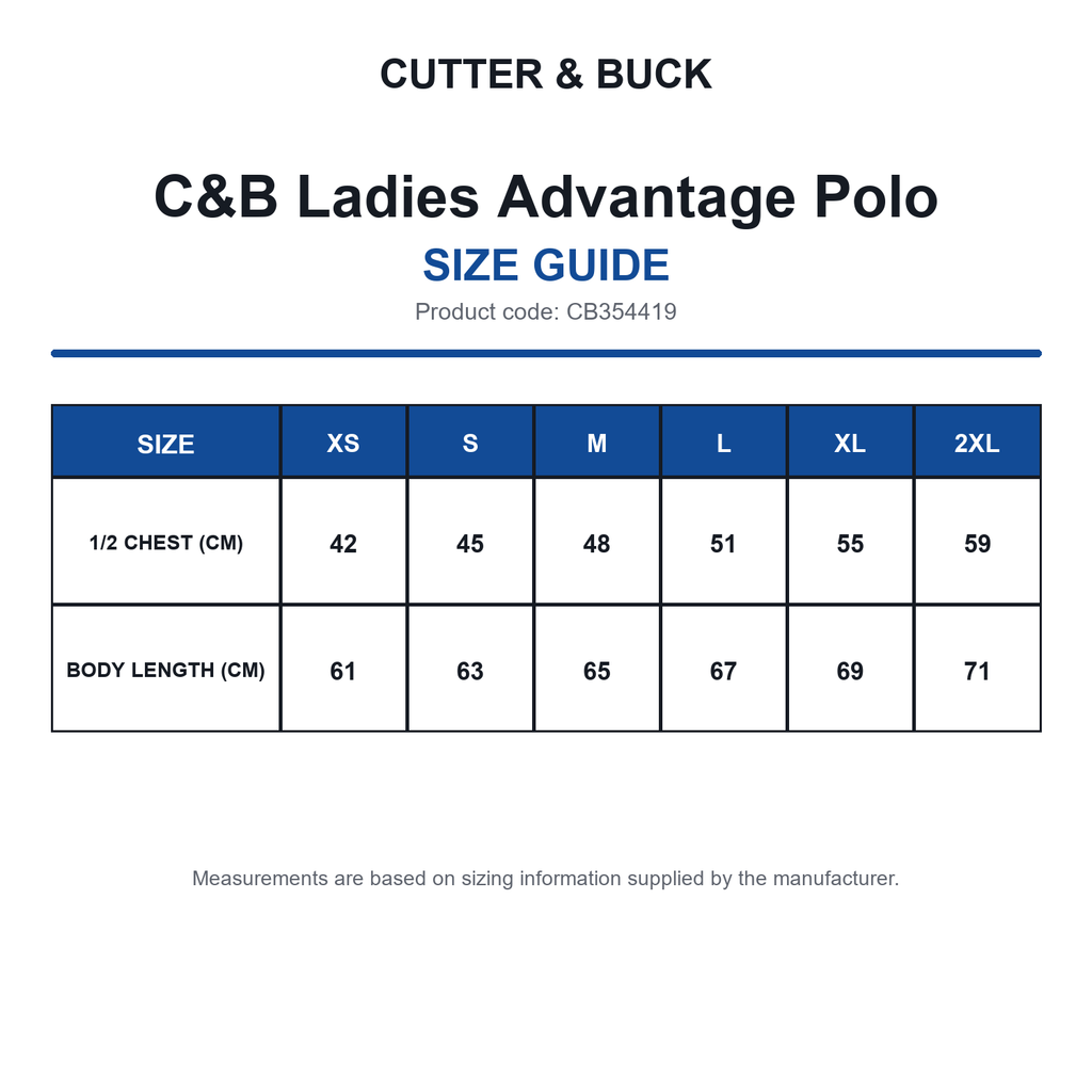 CB354419 C&B Ladies Advantage Polo size guide (CB354419)