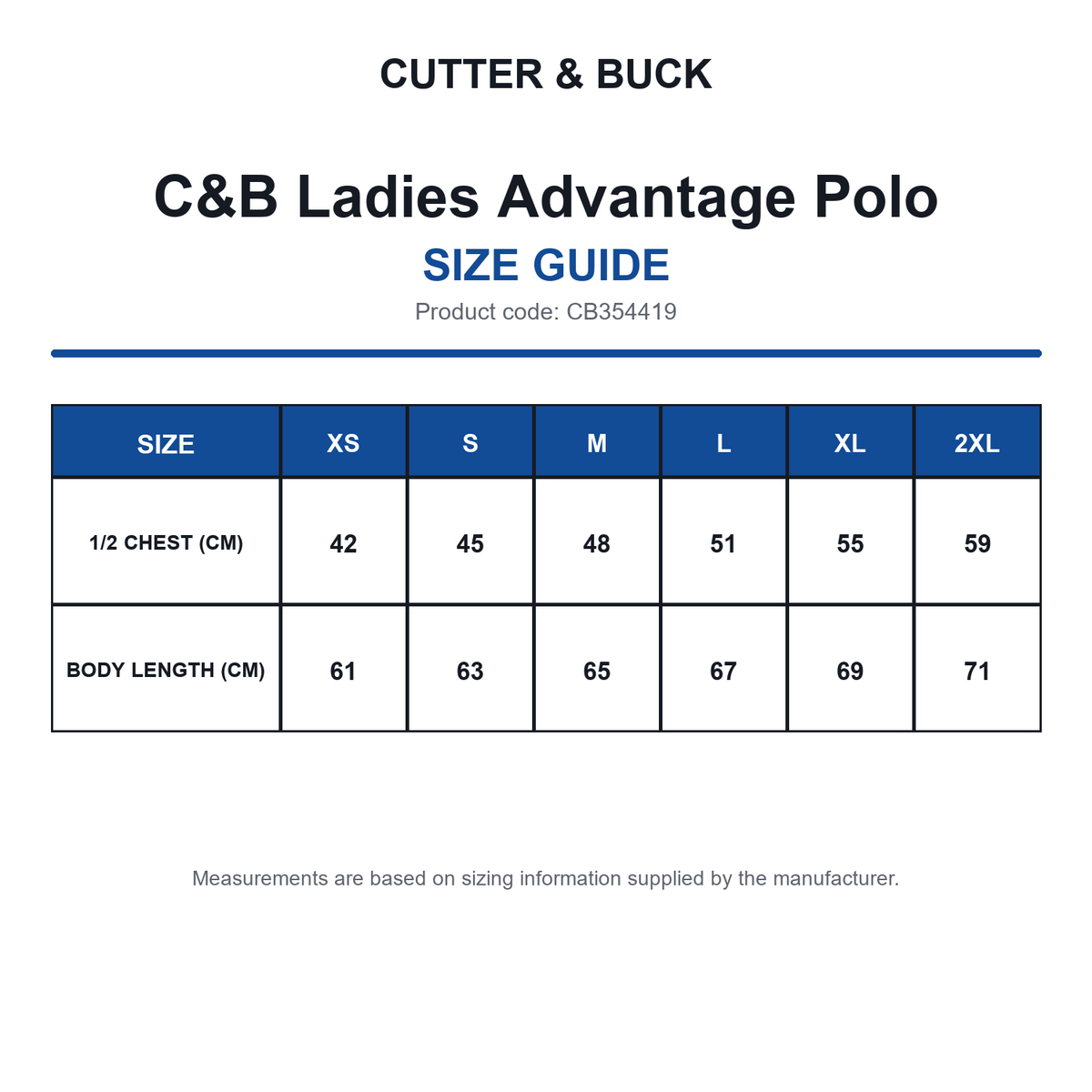 CB354419 C&B Ladies Advantage Polo size guide (CB354419)