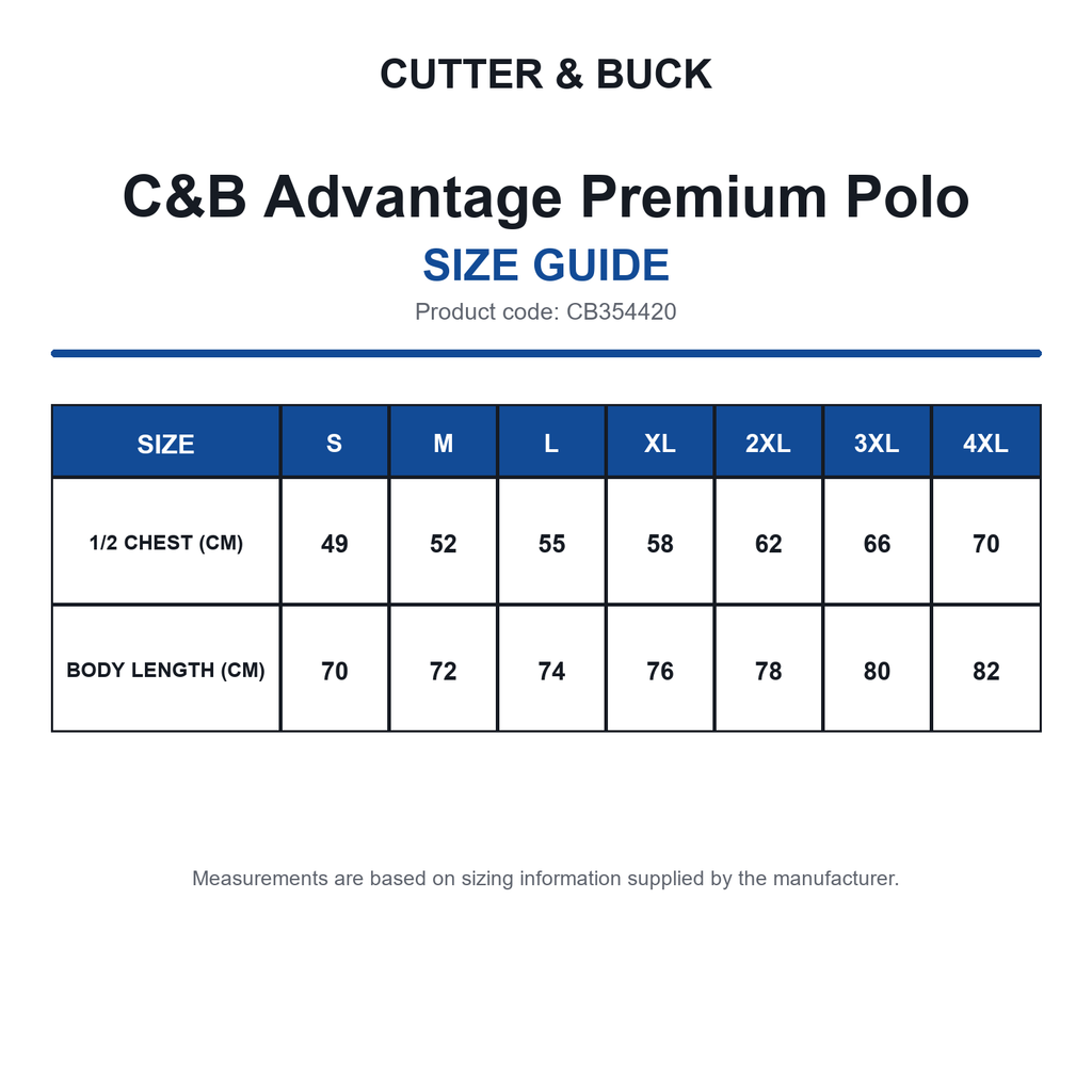 CB354420 C&B Advantage Premium Polo size guide (CB354420)