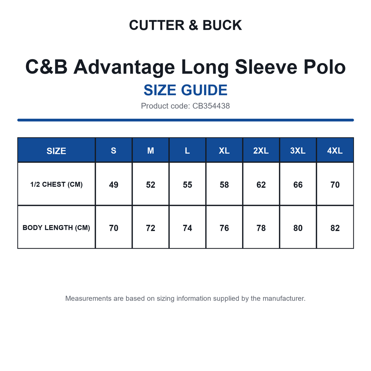 CB354438 C&B Advantage Long Sleeve Polo size guide (CB354438)