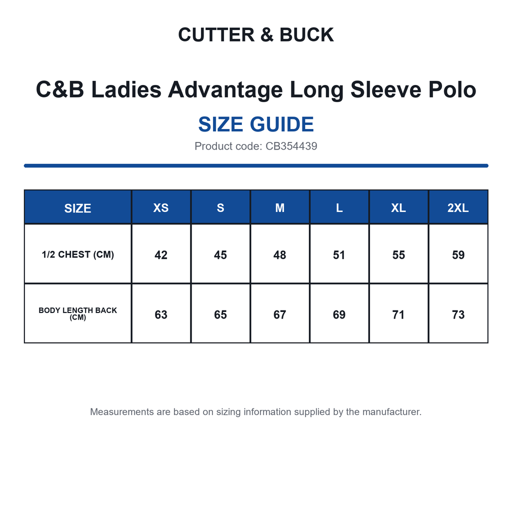 CB354439 C&B Ladies Advantage Long Sleeve Polo size guide (CB354439)