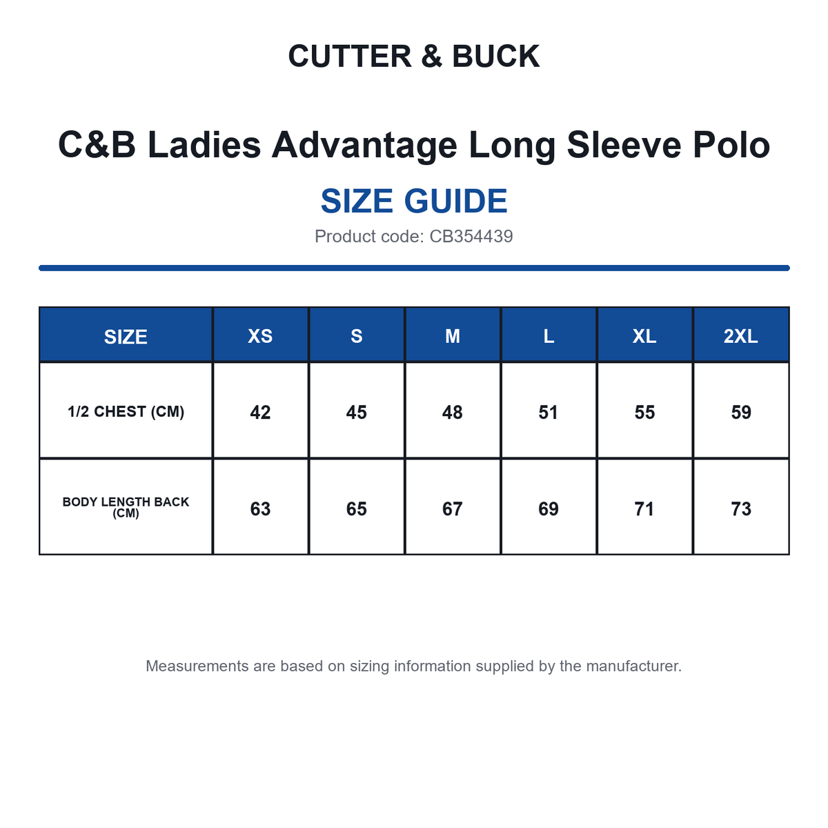 CB354439 C&B Ladies Advantage Long Sleeve Polo size guide (CB354439)