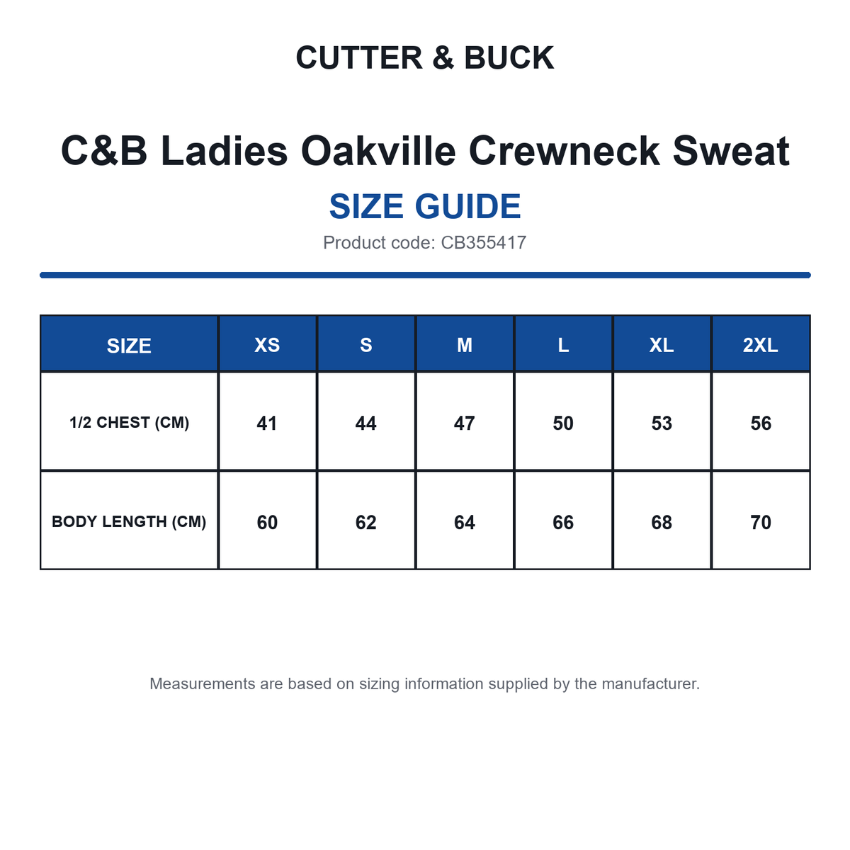 CB355417 C&B Ladies Oakville Crewneck Sweat size guide (CB355417)