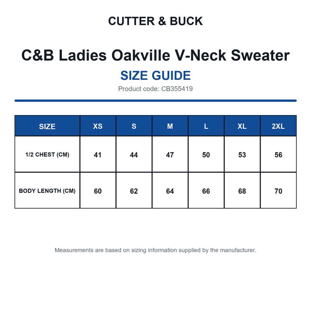 CB355419 C&B Ladies Oakville V-Neck Sweater size guide (CB355419)