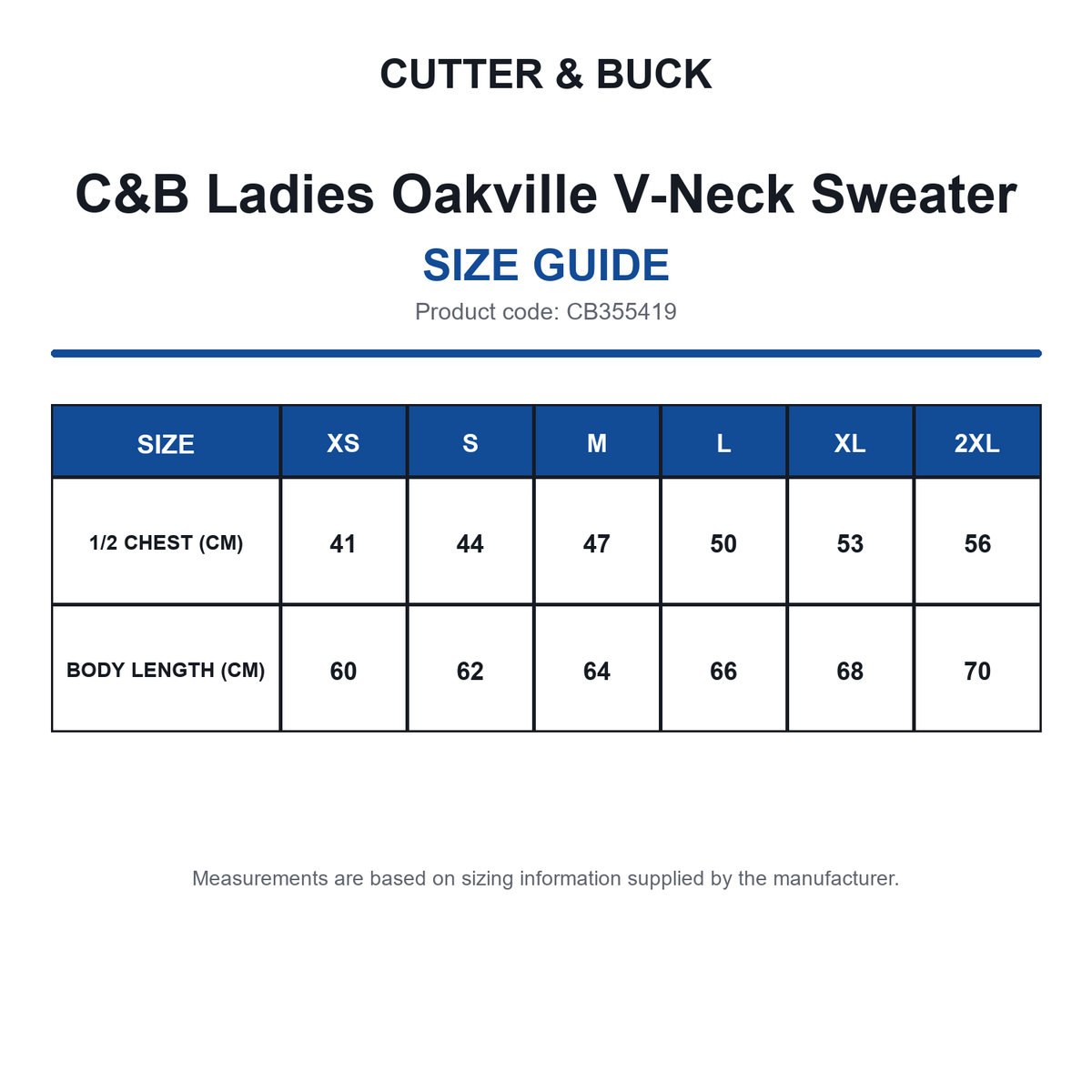 CB355419 C&B Ladies Oakville V-Neck Sweater size guide (CB355419)