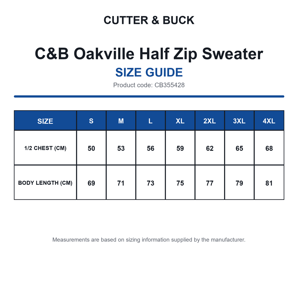 CB355428 C&B Oakville Half Zip Sweater size guide (CB355428)