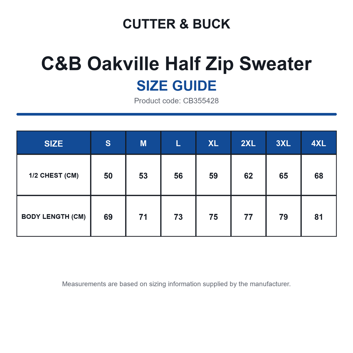 CB355428 C&B Oakville Half Zip Sweater size guide (CB355428)