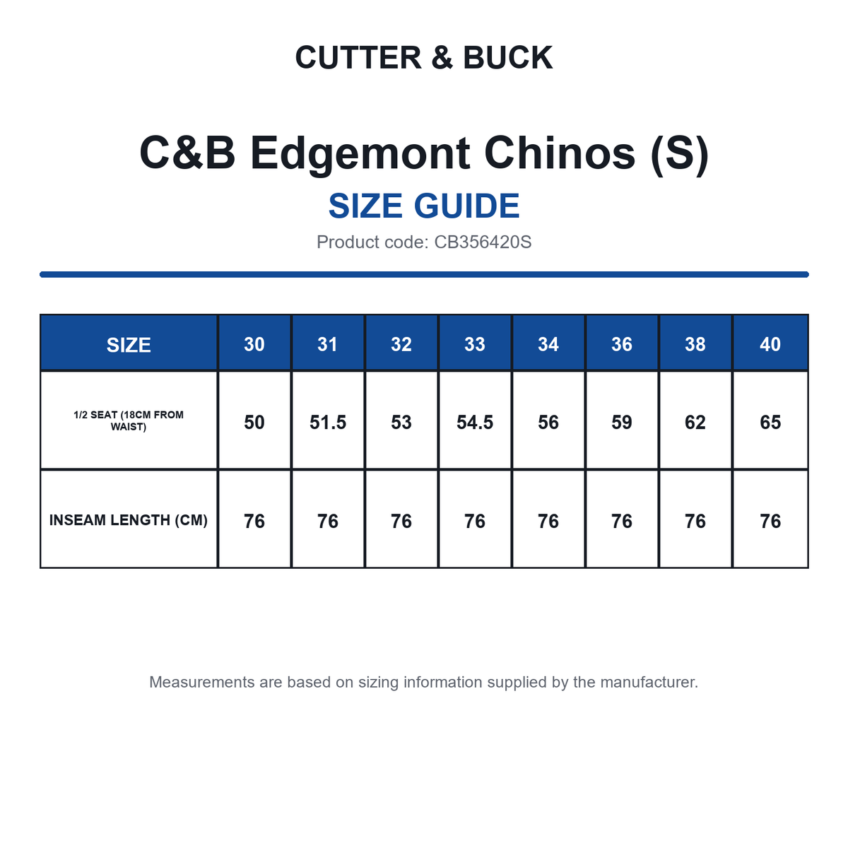 CB356420S C&B Edgemont Chinos (S) size guide (CB356420S)