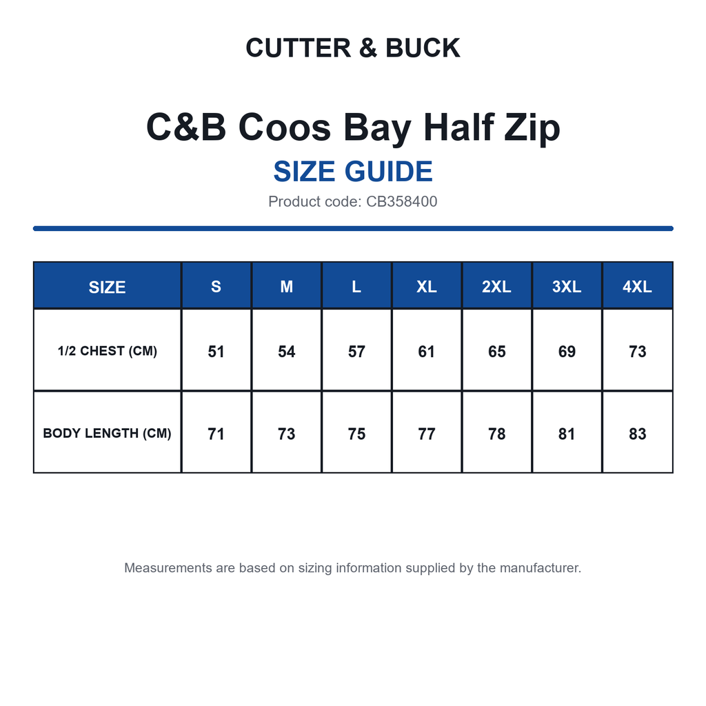 CB358400 C&B Coos Bay Half Zip size guide (CB358400)