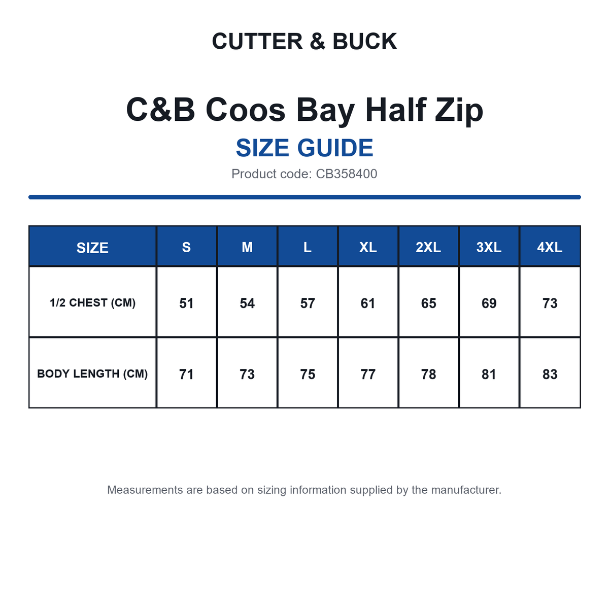CB358400 C&B Coos Bay Half Zip size guide (CB358400)