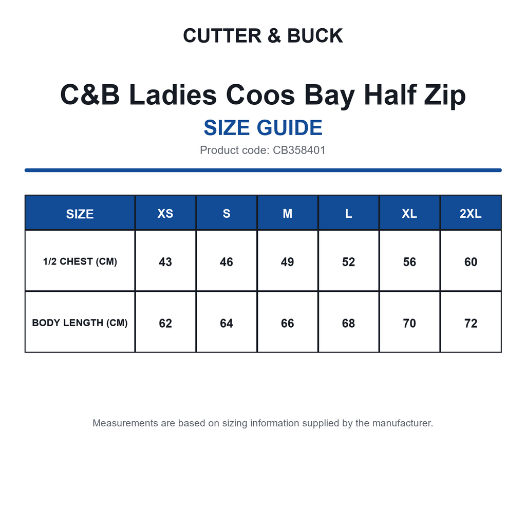 CB358401 C&B Ladies Coos Bay Half Zip size guide (CB358401)
