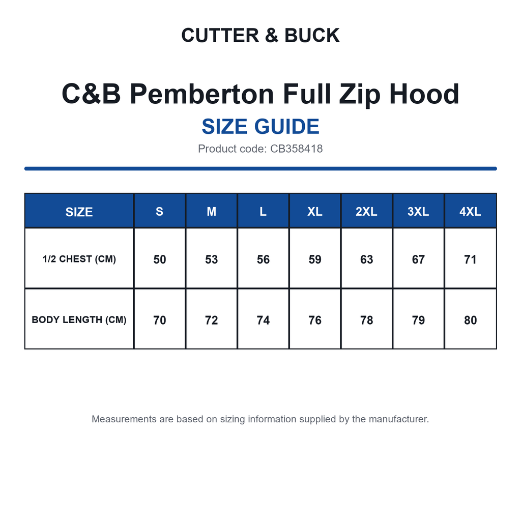 CB358418 C&B Pemberton Full Zip Hood size guide (CB358418)