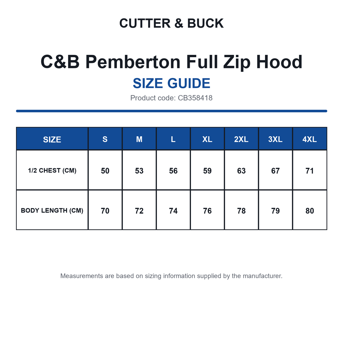 CB358418 C&B Pemberton Full Zip Hood size guide (CB358418)