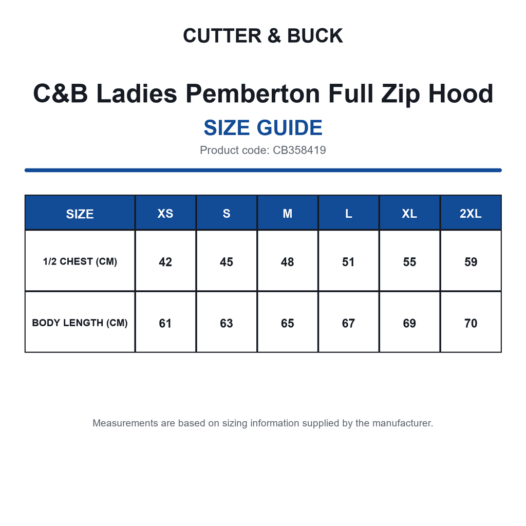 CB358419 C&B Ladies Pemberton Full Zip Hood size guide (CB358419)