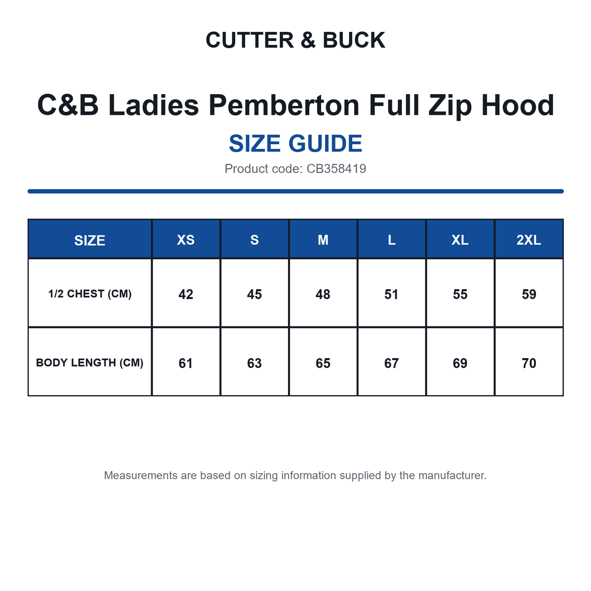 CB358419 C&B Ladies Pemberton Full Zip Hood size guide (CB358419)
