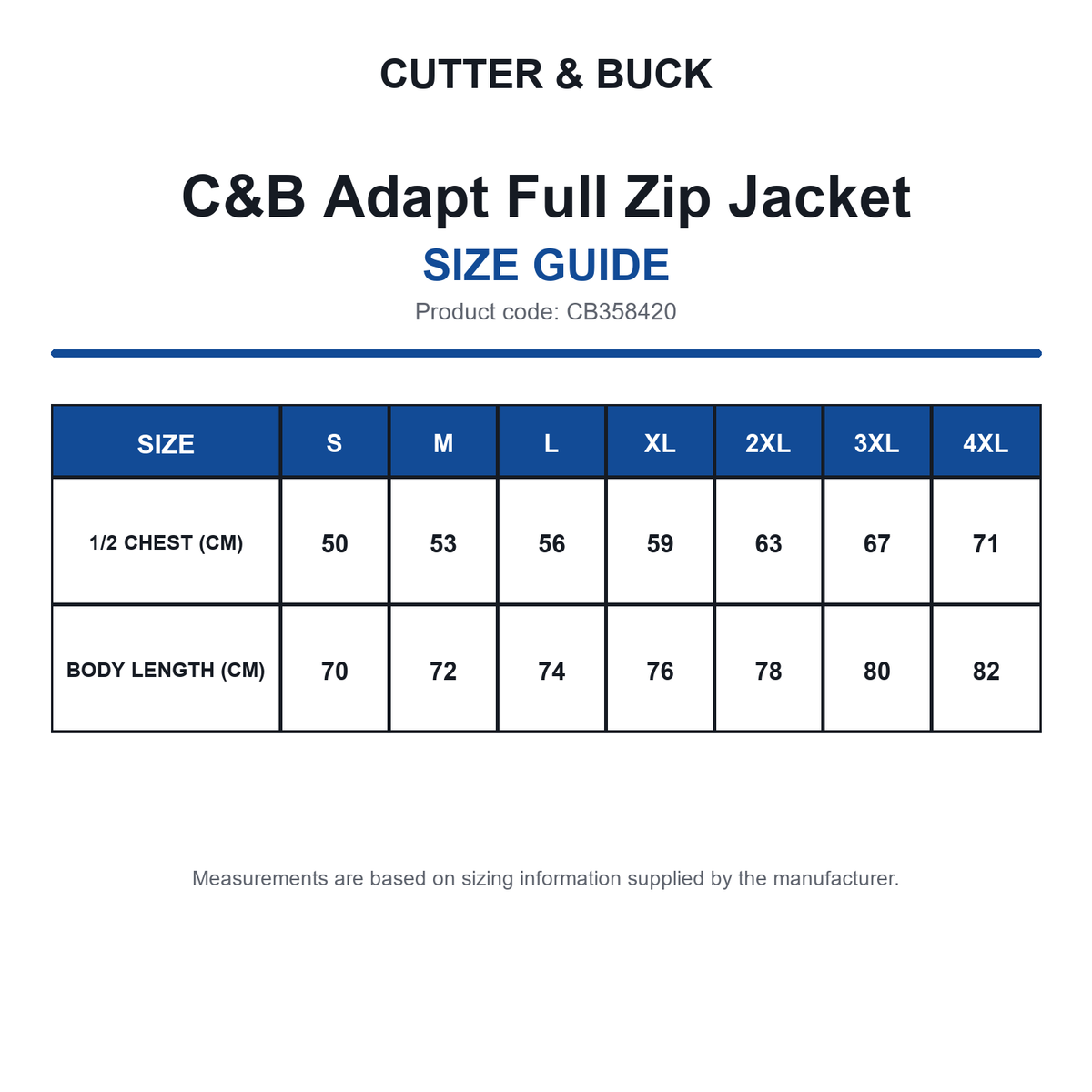 CB358420 C&B Adapt Full Zip Jacket size guide (CB358420)