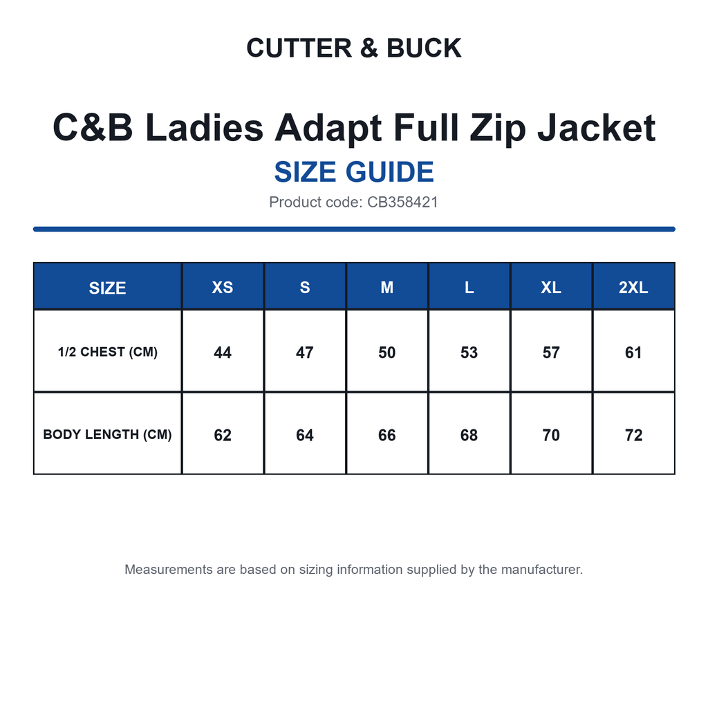 CB358421 C&B Ladies Adapt Full Zip Jacket size guide (CB358421)