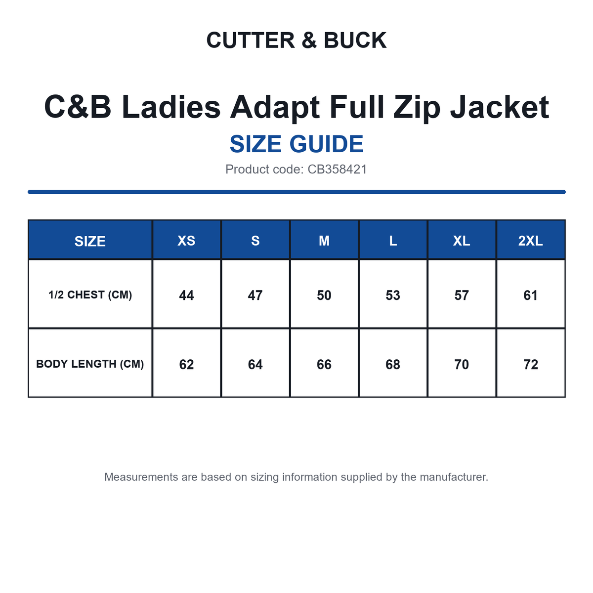 CB358421 C&B Ladies Adapt Full Zip Jacket size guide (CB358421)