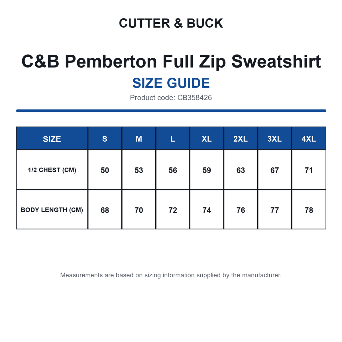 CB358426 C&B Pemberton Full Zip Sweatshirt size guide (CB358426)