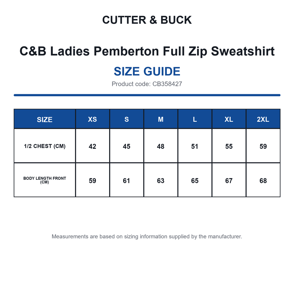 CB358427 C&B Ladies Pemberton Full Zip Sweatshirt size guide (CB358427)