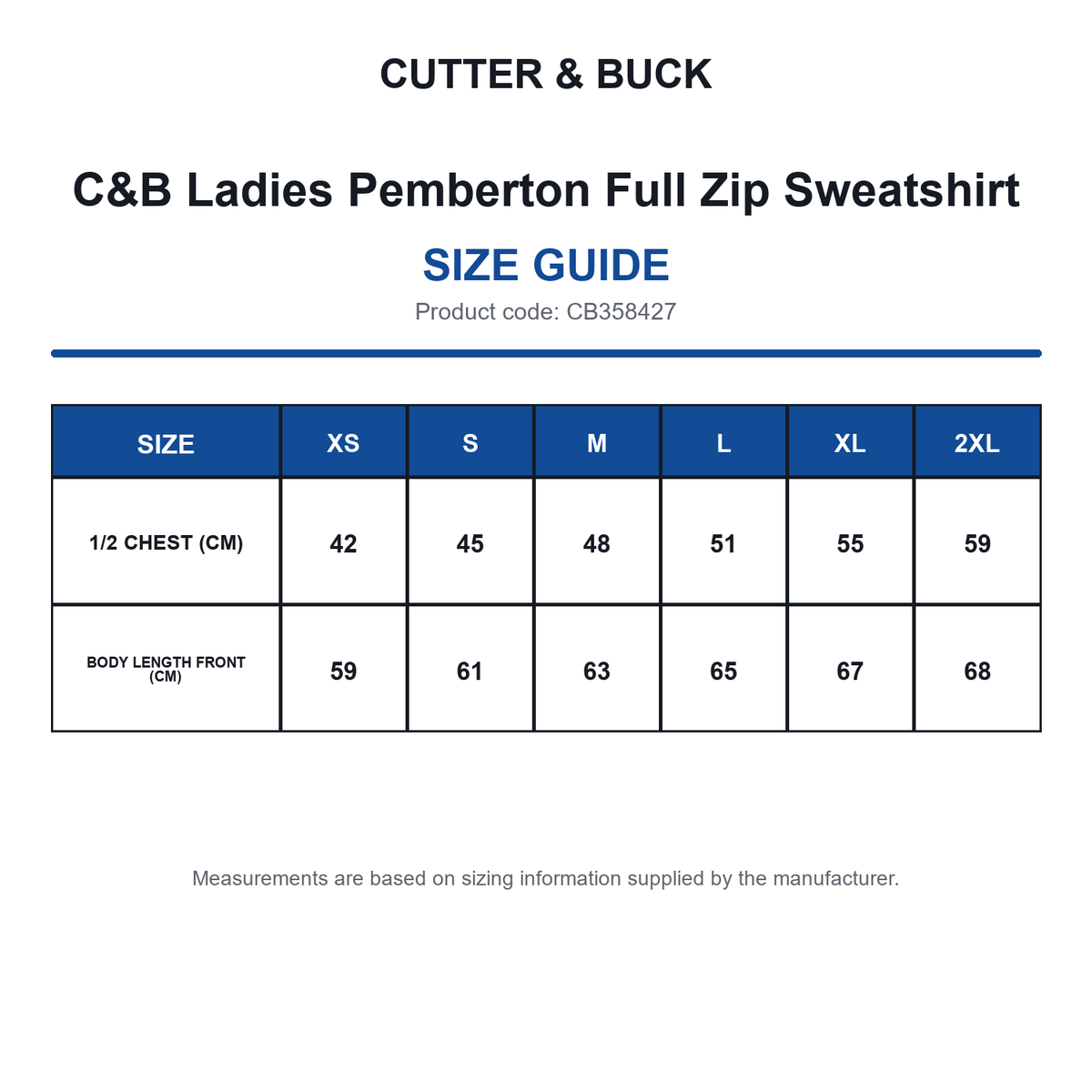 CB358427 C&B Ladies Pemberton Full Zip Sweatshirt size guide (CB358427)